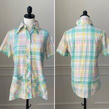 Vintage 70s Dagger Collar Collar Tunic Pastel Plaid M L - $20.16