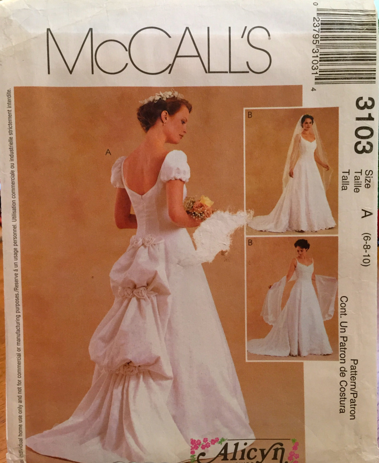 McCalls Bridal Gown Princess Seams Sweetheart Neckline 2 Sleeve Options,Veil 3 D - $10.00