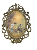 Vintage Oval PictureYoung Curious Boy in the Woods Brass Frame with Silk Print - £30.89 GBP