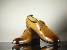 Handmade Men Two Tone Tan Brown Leather Monk Strap Dress Shoe, Men Designer Shoe - £116.53 GBP