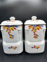 Art Deco x2 Canisters with lids, white porcelain, hand painted floral.  VTG - £38.72 GBP