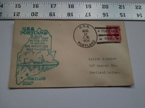 Postal Cover Envelope 1934 Postmark USS Portland Maine Ship Blue Home Treasure - $9.49