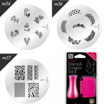 3Pack Konad Stamping Nail Art Round Image Plate 54/56/57 &amp; Stamp Scraper... - $21.77