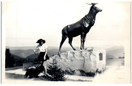 Vintage Black &amp; White Photograph 1950&#39;s Girl Walking Dog In Front of Bronze Elk - £19.46 GBP