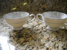 * 2 Mikasa Fine China Sutton 5508 Grey Flowers Aqua Border Coffee Tea Cups  - $15.00