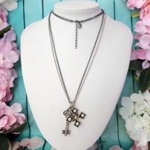 STELLA &amp; DOT Silver Tone Key Cross Charm Pendant Long Chain Necklace - £19.56 GBP