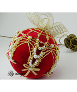 Gold Crochet ornaments, Christmas tree Red velvet ornaments, Beaded Hand... - £26.59 GBP