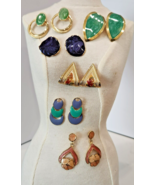 Vintage 90s Gold Tone &amp; Enamel Pierced Earrings Bold Blue Green Purple L... - £6.38 GBP