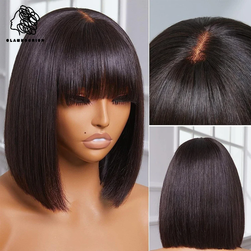 Realistic Look Fake Scalp Glueless Wigs Short Straight Bob Wigs With Bangs 100% - £77.90 GBP