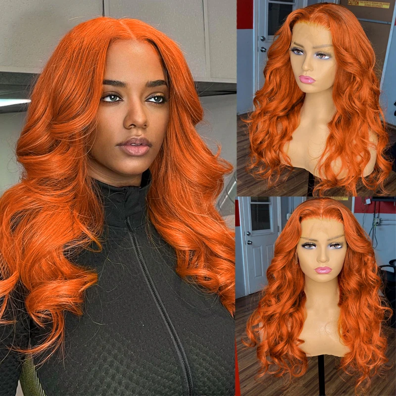 Orange Ginger Color 13x4 Lace Front Wigs Pre Plucked Brazilian Wavy Human Hair - £72.85 GBP+
