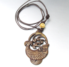 Vintage Carved Brown JADE Fish Asian Pendant &amp; Bone Bead Leather Cord Ne... - $34.60