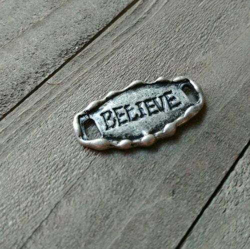 Believe Pendant Word Charm Connector Bracelet Link Antiqued Silver Rustic - $2.24