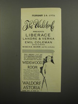 1951 Waldorf Astoria Hotel Ad - Liberace Landre & Verna Emil Coleman - $18.49