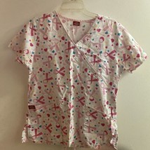 Dickies Womens Smock Scrubs Top Size L Bust 38” Pink &amp; White Ribbons &amp; Hearts - £5.57 GBP