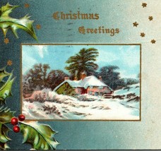 1913 Christmas Greetings Embossed Postcard Cousin Winter Scene Holly Berries - £5.58 GBP