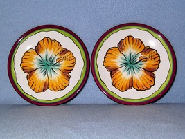 Clay Art Hibiscus 6 Canape Snack Dessert Plates Handpainted - $285.35 MXN