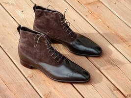 Lace Up Medallion Toe Coffee Brown High Ankle Party Wear Stylish Handmade Boots - £127.86 GBP+