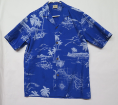 Vtg Royal Creations Hawaiian Shirt Blue Island Map Kamehameha Diamond Head Sz M - £18.62 GBP