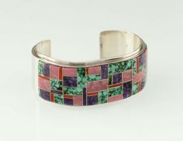 Navajo L. Silversmith Sterling Inlay Cuff Bracelet w/Turquoise, Coral, C... - $890.97