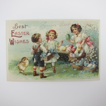 Easter Postcard Children Baskets Colored Eggs Blue Flowers Yellow Chick Antique - £7.98 GBP