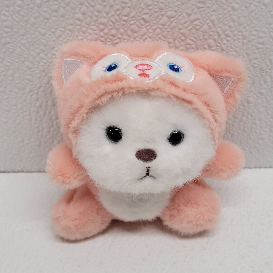 White Bear In Pink Cat Hoodie Costume 4&quot; Plush Keychain - $13.28
