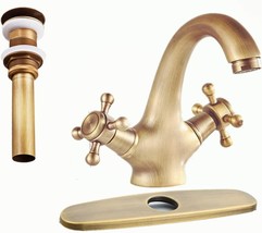 Antique Brass Bathroom Faucet Two Handles Single Hole With Pop Drain Without - £62.49 GBP