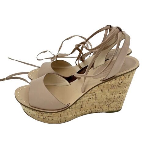 Topshop Blush Pink Leather Ankle Wrap Cork Wedge Sandals 39 EU NEW SH26 - $79.00