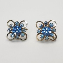 Vintage Atomic Starburst Gold-tone Blue Rhinestones Screw Back Earrings Jewelry - £14.33 GBP