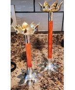 Pair Vintage Wood Chrome Metal Candle Holders Nu-Trend MCM - $19.79