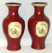 Pr Lg 14&quot; Vintage Vases Handpainted Porcelain Vases w Elephant &amp; Rider Red Gold - £51.47 GBP