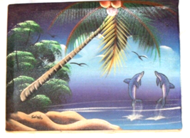 Blue Beach Scene Canvas Painting With Dolphins And Palm Tree 10&quot; X 7.5&quot; - £14.95 GBP