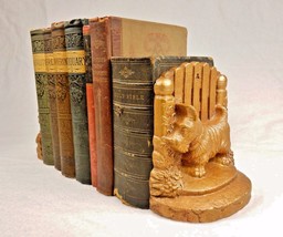 Vintage Chalkware Bookends, Gold Paint, Scottish Terrier At Fence Gate, 1940s - £38.51 GBP