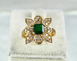 Vintage natürlicher Smaragd Quadratschliff Diamant 18 K Gold Blume Damen... - $1,140.35
