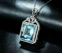 4Ct Emerald Cut Lab Created Aquamarine Halo Diamond Pendant 14K White Gold FN - £81.85 GBP