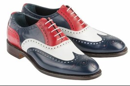 Three Tone Red Black White Premium Leather Wing Tip Rounded Brogue Toe Men Shoes - £120.26 GBP+