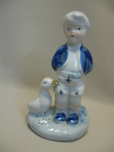 Blue Deft Style  Figurine Statue Boy with Duck Blue White Gold Details Made In C - £7.98 GBP