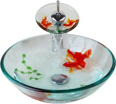Bathroom Sink Vanity, Hand-Painted Gold Fish On Glass Basin,, Waterfall Faucet. - £136.04 GBP