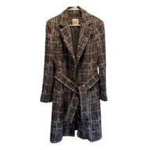 Magaschoni Coat Jacket Wool Blend Long Plaid Checked Brown Tweed Tie Siz... - £72.11 GBP