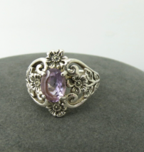 Sterling Silver Ring Purple Lavender Stone Size 6 Filigree Flowers Marcasites - £30.54 GBP