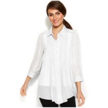 Alfani Pleat Front Blouse Womens M Petite Gray Button Up Top Casual Shir... - $16.70