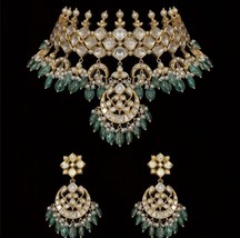 VeroniQ Trends-Elegant Bridal Real Look Green Beads Polki Kundan Choker Necklace - £338.50 GBP