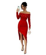 Women's Open Shoulder Long Sleeve Ruched High Slit Pearl Design Bodycon ... - $53.90