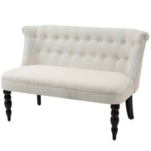 Scandinavian 2 Seater Button Tufted Loveseat Wooden Legs Cream White Linen - $368.49