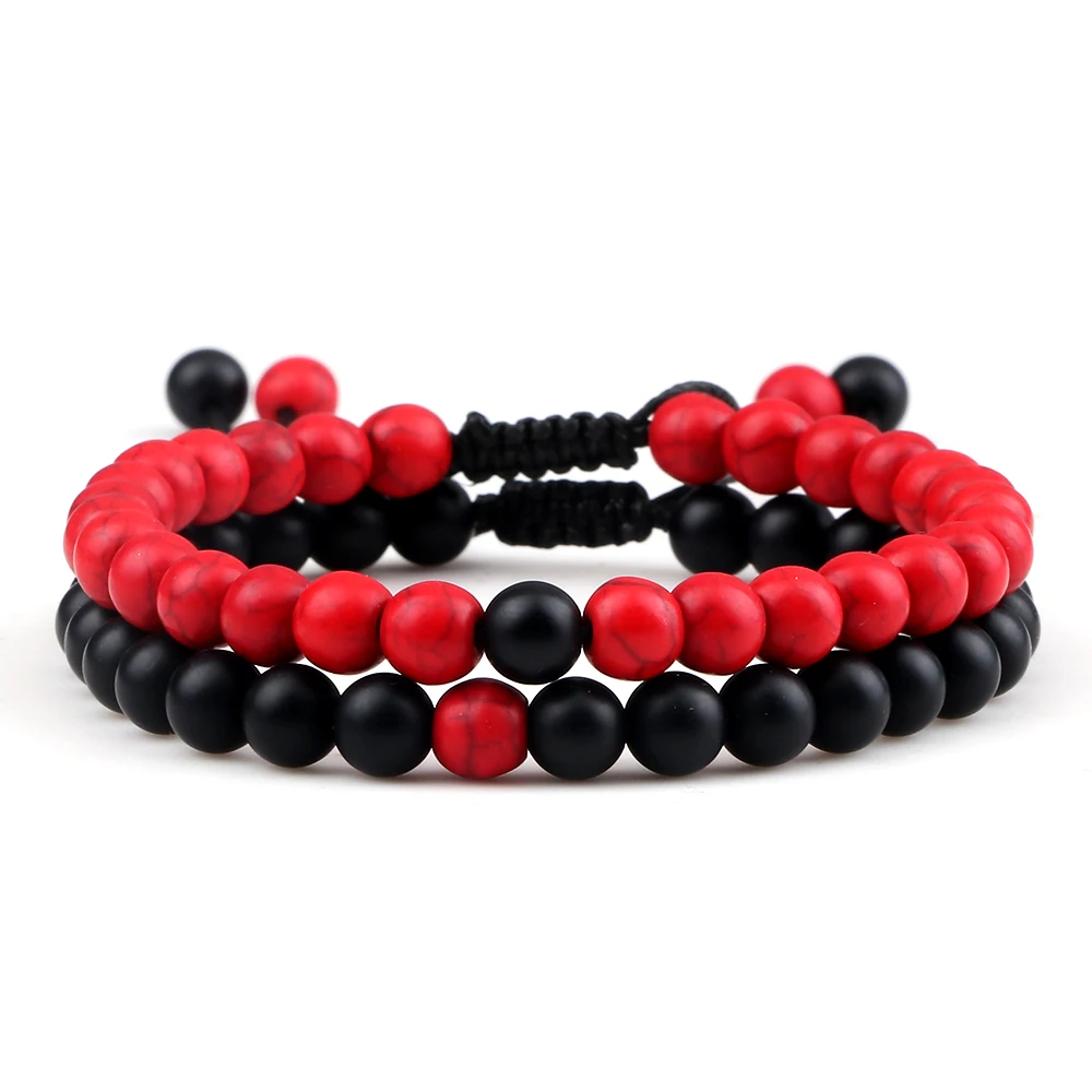 2pcs/set Red Beaded Bracelets Natural Tiger Eye Stone Rock Strand Handmade Braid - £16.58 GBP