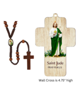 St. Jude Brown Wood &amp; Cord Rosary &amp; Laser Wooden Wall Cross Catholic - £11.47 GBP