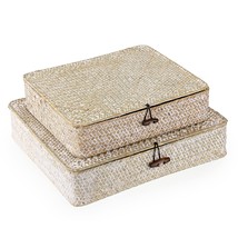 Set Of 2 Flat Woven Wicker Storage Bins With Lid Natural Seagrass Basket Boxes M - £38.05 GBP