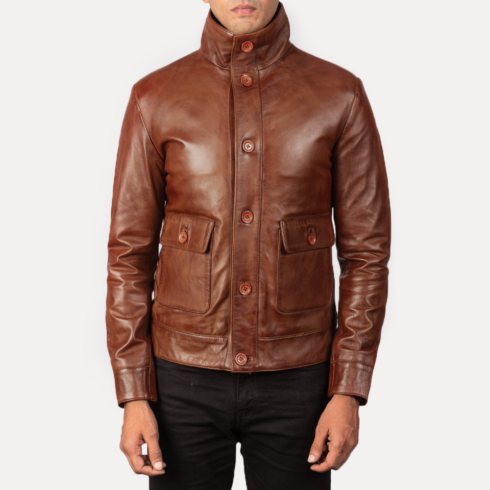 LE Columbus Brown Leather Bomber Jacket