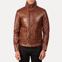  LE Columbus Brown Leather Bomber Jacket - £108.85 GBP+