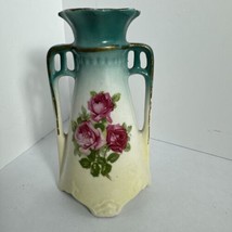 Vintage Czech Porcelain Ceramic Bud Vase 5 1/4” Czechoslovakia Roses 2 Handles - £13.55 GBP