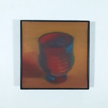 Ceramic Cup Art Painting 4x4 Blue Orange Panel Board Framed Acrylic Artwork - $19.19